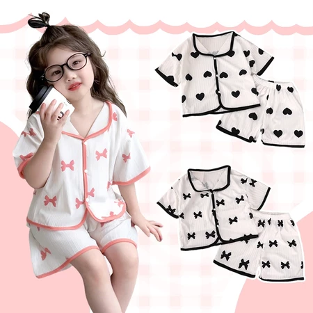 Kids Girls Summer Pajama Terno – Ice Silk Short Sleeve Sleepwear Lightweight Breathable Homewear