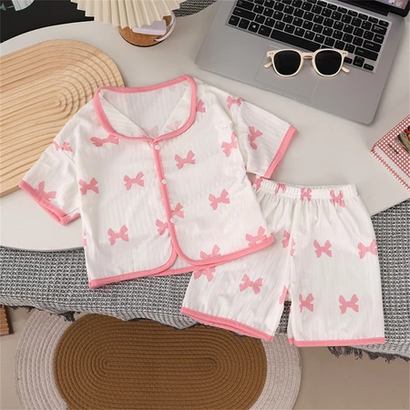 Kids Girls Summer Pajama Terno – Ice Silk Short Sleeve Sleepwear Lightweight Breathable Homewear