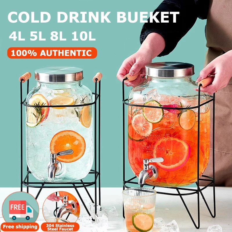 Glass Beverage Dispenser with Stand and Faucet 4L 5L 8L 10L Lead Free Glass Jar for Juice Water Drinks Party Home Kitchen