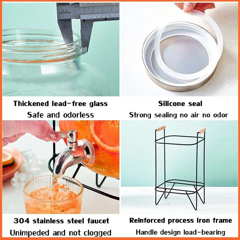 Glass Beverage Dispenser with Stand and Faucet 4L 5L 8L 10L Lead Free Glass Jar for Juice Water Drinks Party Home Kitchen