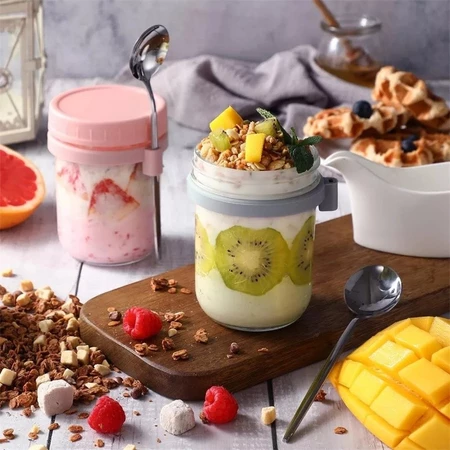 Reusable Overnight Oats Jar Glass Container with Spoon Leakproof Oatmeal Storage Jar for Meal Prep Breakfast On The Go