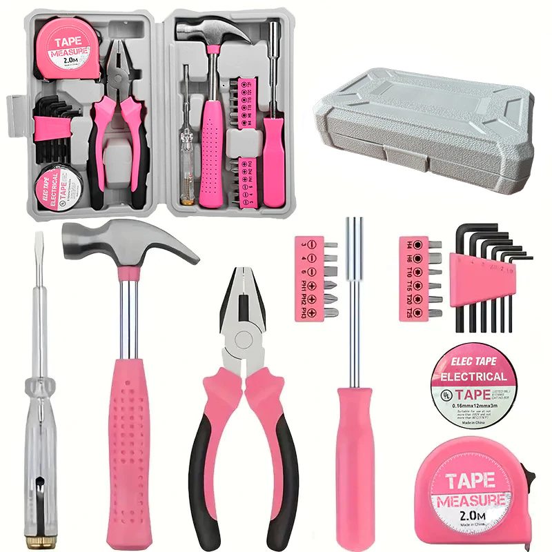 Multifunctional Household Tool Set Pink 24pcs Complete Home Repair Kit for Women Daily Use Basic DIY Tools Set